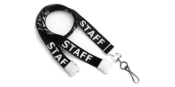 15 mm breite, vorbedruckte Satin-Schlüsselbänder "STAFF" mit Sicherheitsverschluss und Metallschnapphaken